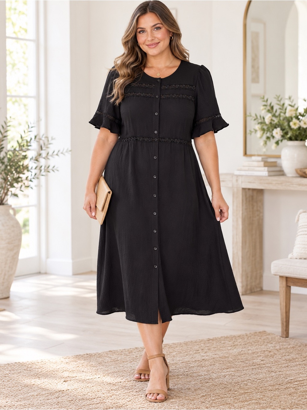 Monteau Los Angeles Lace Trim Button Front Midi Dress Size XL